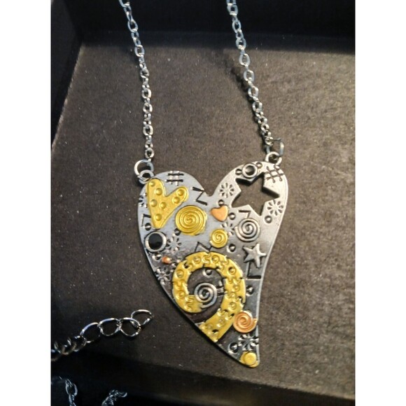 Modern Silver Gold Copper Heart Necklace Art Fun Unique - Picture 2 of 7